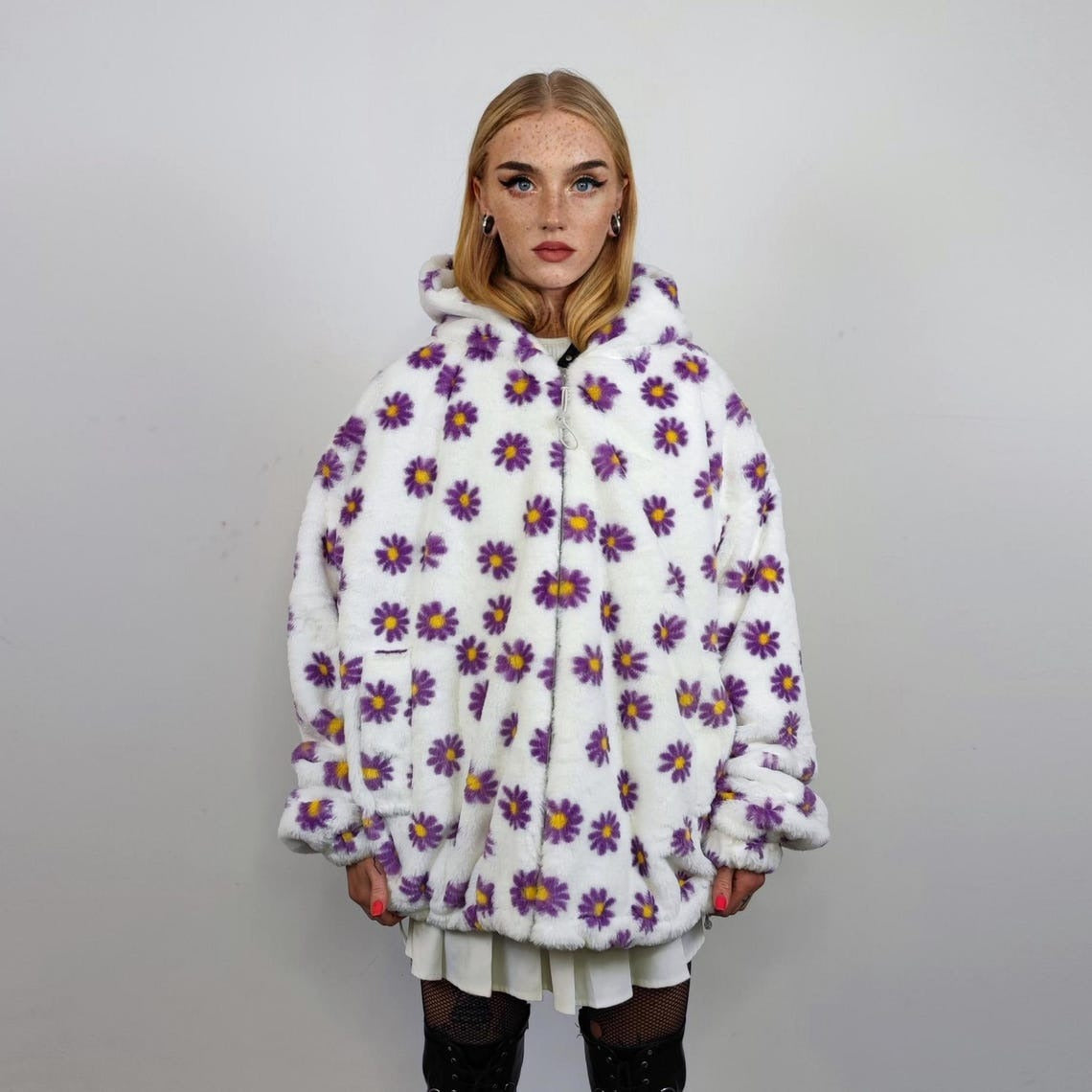 Floral fleece jacket white daisy print bomber fluffy sunflower pullover handmade rave festival overcoat grunge fuzzy hoodie