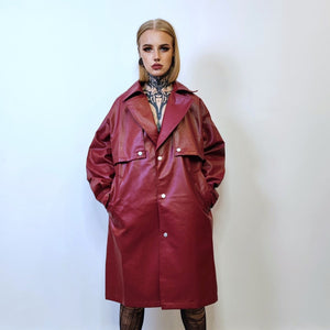 Mid length faux leather coat PU utility trench jacket gorpcore raver varsity going out rubbery high fashion puffer in burgundy red