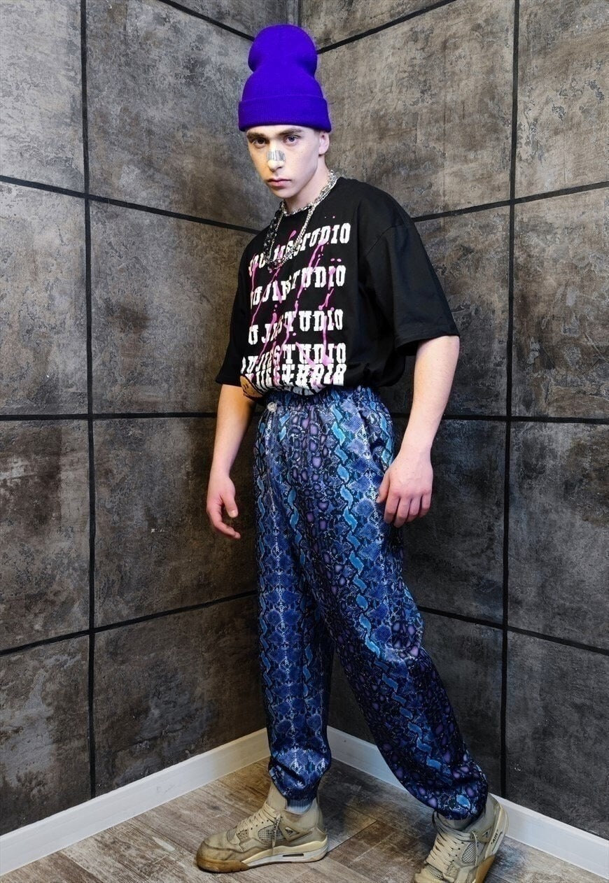 Snake print joggers handmade Tie-dye python overalls blue