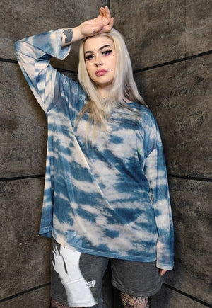 Transparent mesh top see-through tie-dye grunge t-shirt blue