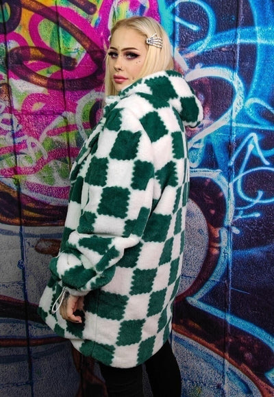 Check fleece jacket handmade 2 in 1 fluffy chess coat green