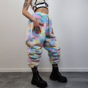 Unicorn fur joggers winter raver pants fluffy rainbow trousers skiing fleece tie-dye overalls festival bottoms burning man pants pastel pink