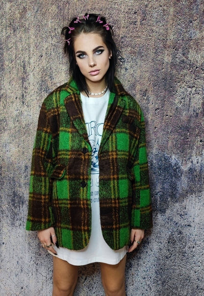 Plaid fleece blazer woollen check jacket retro bomber green