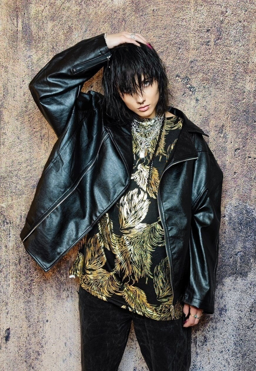 Faux leather biker jack jacket PU retro bomber in black