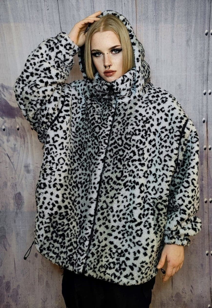Leopard fleece hooded jacket handmade tie-dye fluffy bomber
