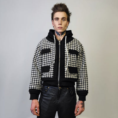 Hounds-tooth cropped jacket woolen dog-tooth bomber crop rocker check coat hooded varsity in black