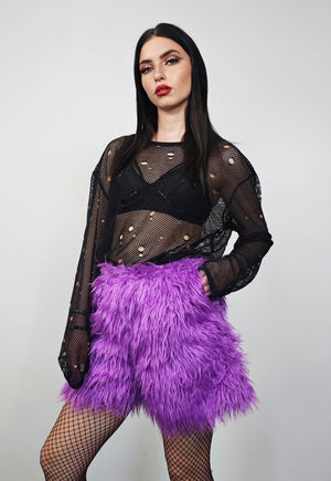 Faux fur shorts purple shaggy cropped pants raver joggers