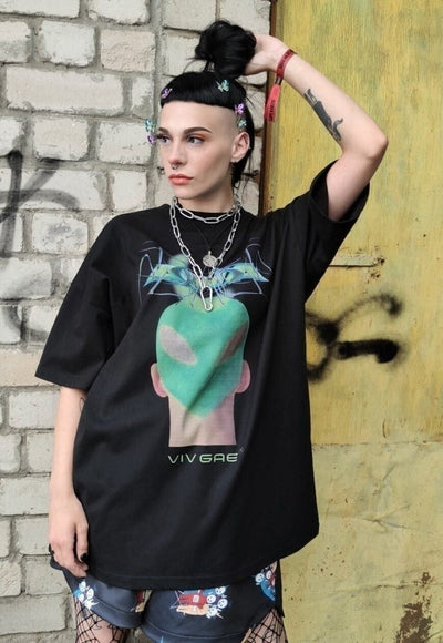 Futuristic raver tee Alien skinhead print t-shirt in black