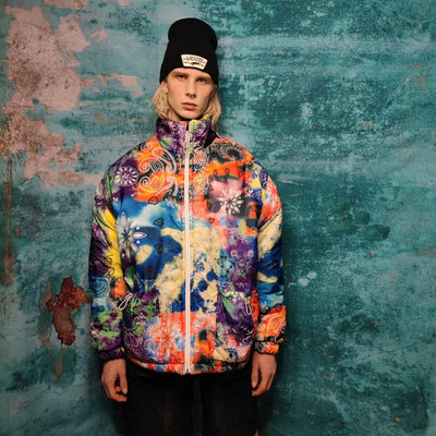 Tie-dye paisley bomber handmade detachable bandanna puffer devil horn jacket skeleton print coat reversible jacket in rainbow orange blue