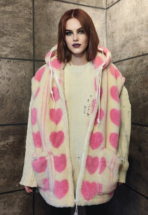 Pink heart fleece jacket handmade detachable puffer in cream