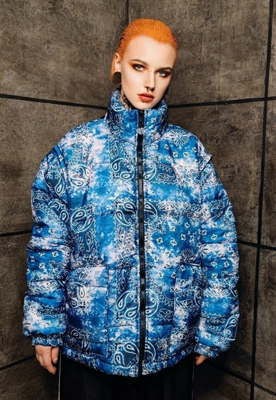 Tie-dye paisley bomber jacket detachable bandanna puffer