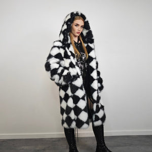 Diamond pattern fur coat checked long trench rhombus gothic overcoat SKA print bomber festival jacket customizable going out peacoat black