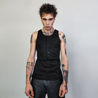 Button up sleeveless vest t-shirt Gothic tank top grunge crew neck tee rocker surfer vest in black