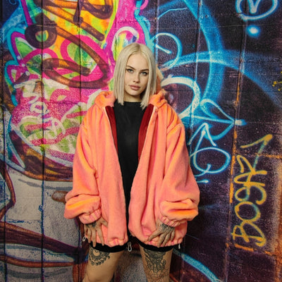 Luxury faux fur jacket handmade detachable fluffy bomber fluorescent luminous puffer premium grunge coat in bright neon pink orange