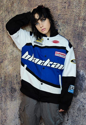 Racing jacket multi patch padded motorcycle bomber in blue