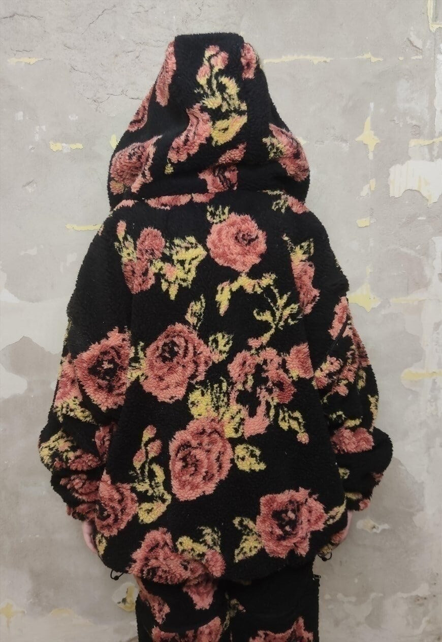 Floral fleece bomber handmade 2 in 1 rose jacket in black