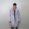 Candy faux fur long coat unicorn trench neon raver bomber fluffy tie-dye fleece psychedelic festival jacket burning man going out coat pink