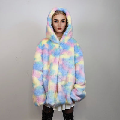 Hooded faux fur unicorn jacket rainbow bomber pastel raver coat fluffy tie-dye fleece festival puffer burning man barbie overcoat pink blue