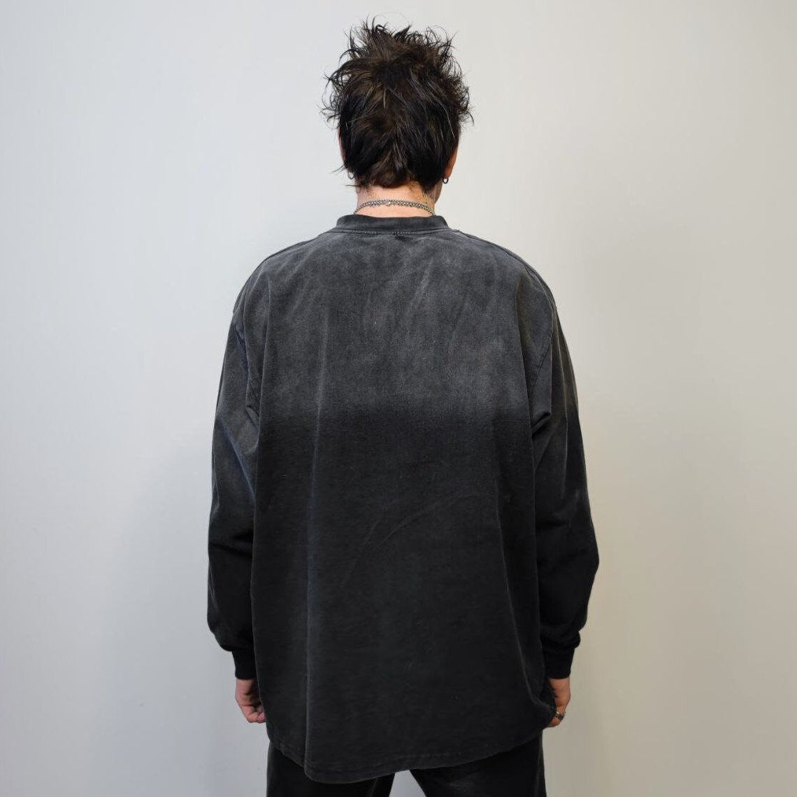 Tie-dye sweatshirt vintage wash top thin gradient long sleeve tee premium quality acid wash punk t-shirt in black and grey