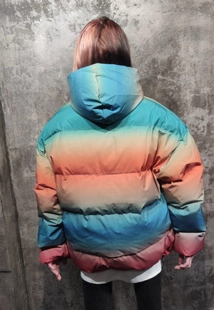 Gradient rainbow bomber tie-dye jacket yellow orange puffer