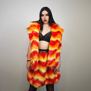 Faux fur skirt orange psychedelic midi fluffy fleece dress geometric flame bottoms carnival skirt elasticated waist burning man rave skirt