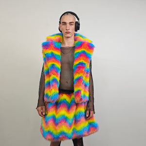 Rainbow faux fur coat cropped unicorn bomber fluffy carnival fleece detachable sleeves festival jacket burning man short luminous overcoat