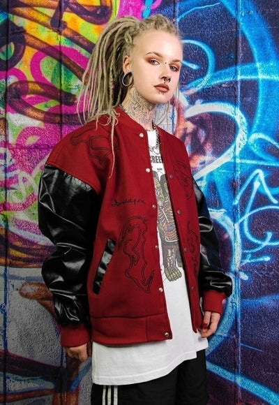 Grunge varsity jacket Gothic patch baseball bomber in red