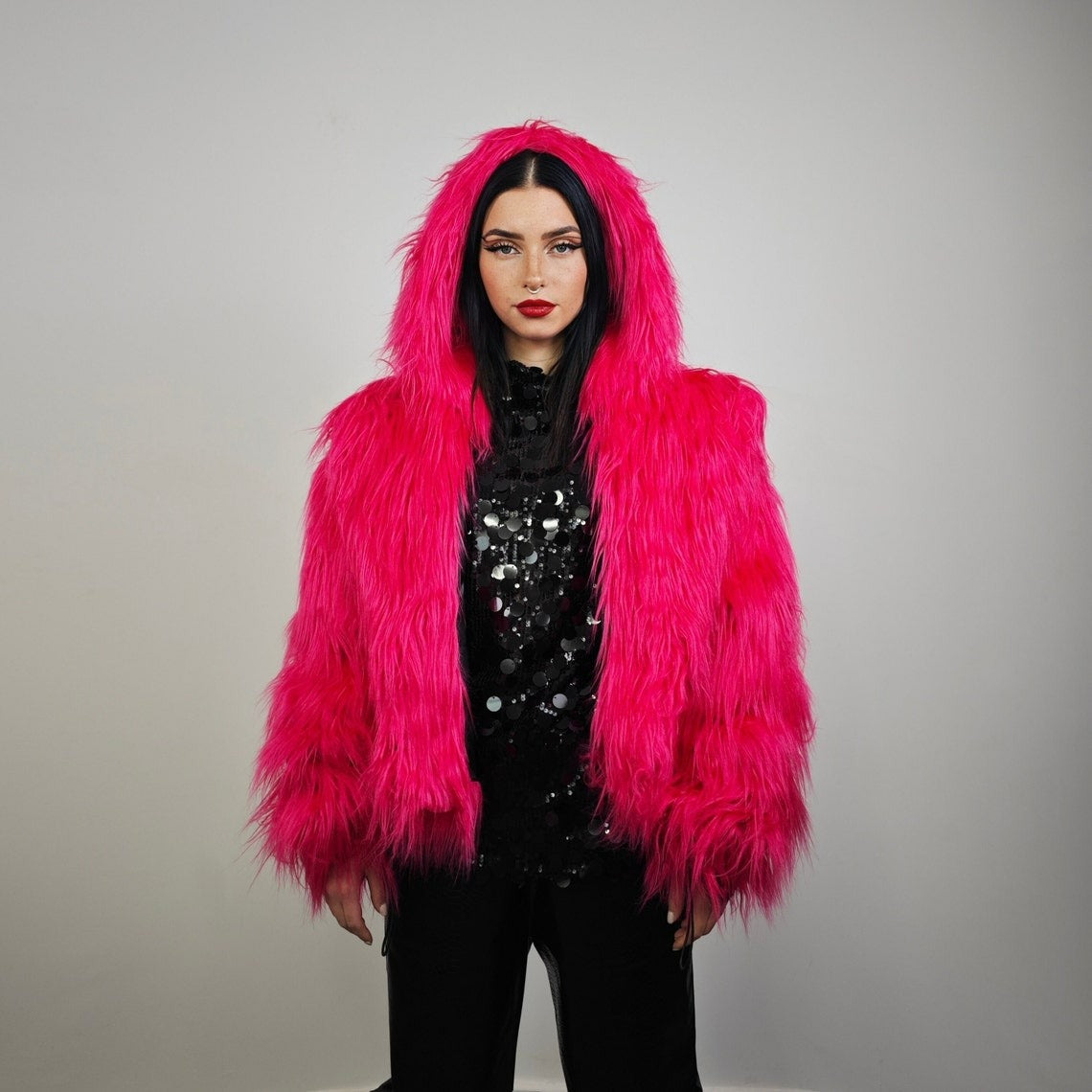 Neon faux fur coat shaggy cropped trench festival short jacket fuzzy overcoat carnival bomber florescent peacoat multifunctional rave fleece