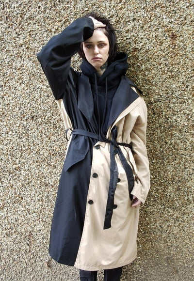 Contrast colour stitched trench coat asymmetric mac in cream