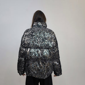 Silver sequin bomber glitter jacket sparkle puffer party varsity festival varsity fancy dress embellished coat going out top metallic grey