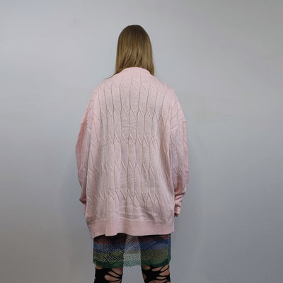 Pastel pink cardigan oversize knitted summery jumper button up preppy top cable knit top cozy loose fit textured 90s romantic style sweater