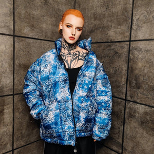 Paisley bomber handmade detachable bandanna puffer tie-dye jacket cashew print bomber two sided gradient jacket in blue