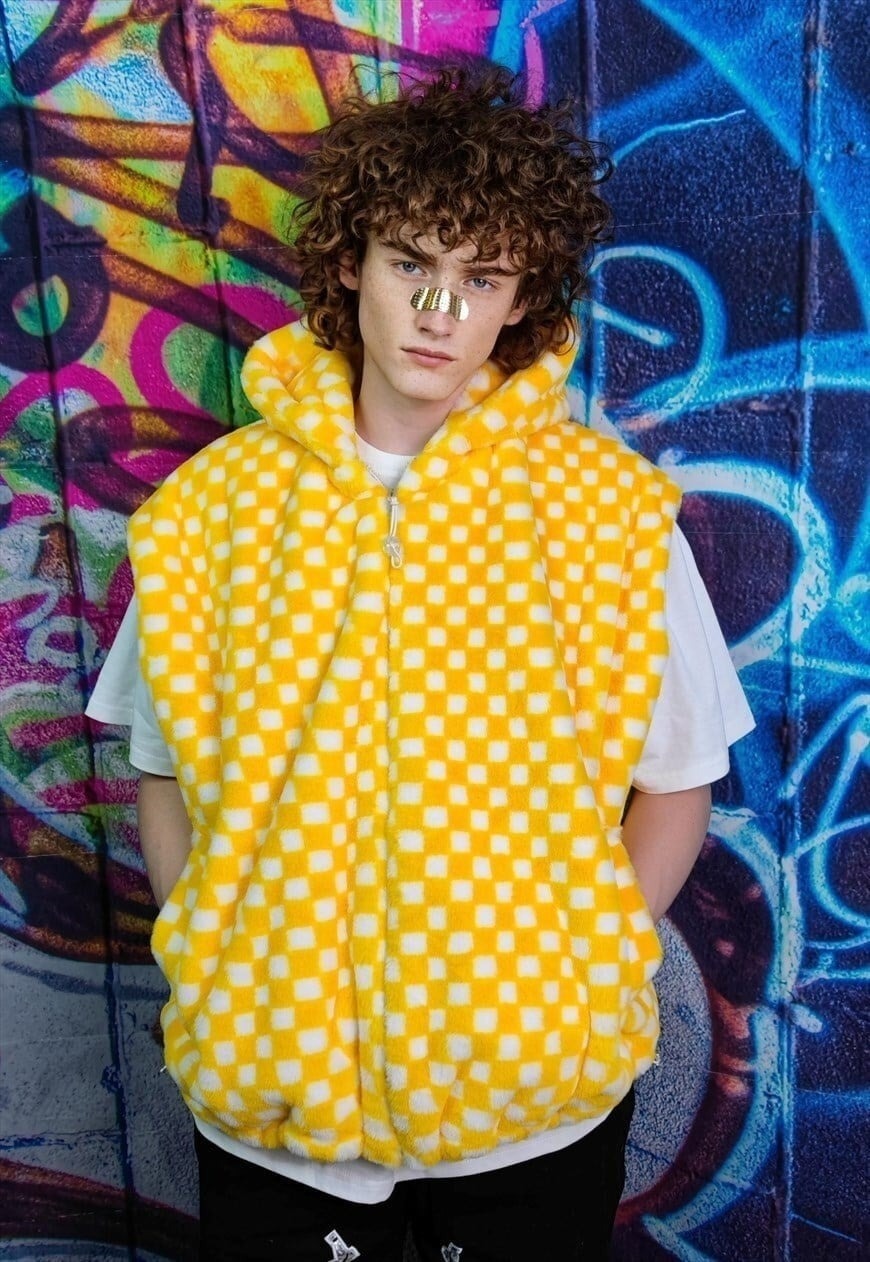 Check fleece hooded jacket detachable fluffy checkboard coat