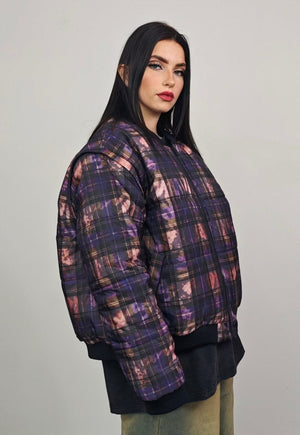 Tie-dye check varsity jacket purple tartan reversible bomber