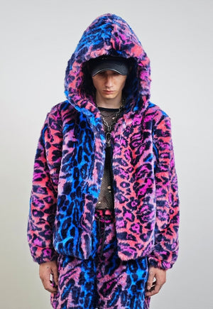 Neon leopard hooded jacket blue cropped animal print bomber