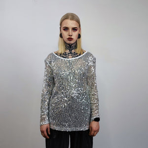 Transparent sequin top black embellished mesh sweatshirt sheer blouse shiny glam catwalk jumper party see-through top festival glitter tee