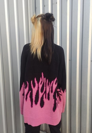 Flame knitwear sweater loose fit fire jumper in bright pink