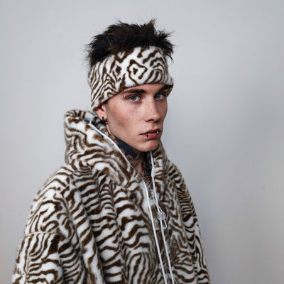 Zebra print jacket handmade detachable faux fur animal print bomber stripe pattern fleece premium hooded party coat festival hoodie in brown