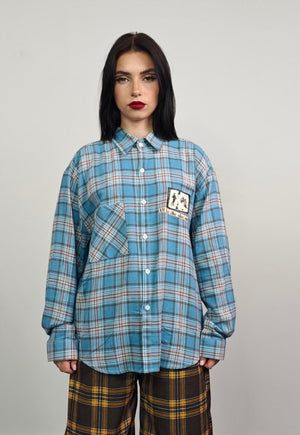 Plaid rocker shirt blue check band print blouse grunge top