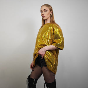 Gold sequin t-shirt glitter top sparkle jumper party pullover glam rock jumper fancy dress embellished going out tee in luminous yellow