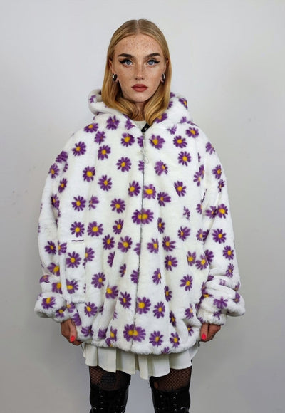 Floral fleece jacket daisy print fluffy bomber hooded coat