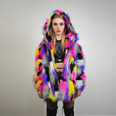 Patch faux fur jacket raised neck coat bright raver bomber fluffy rainbow fleece bright festival track jacket burning man overcoat pink grey