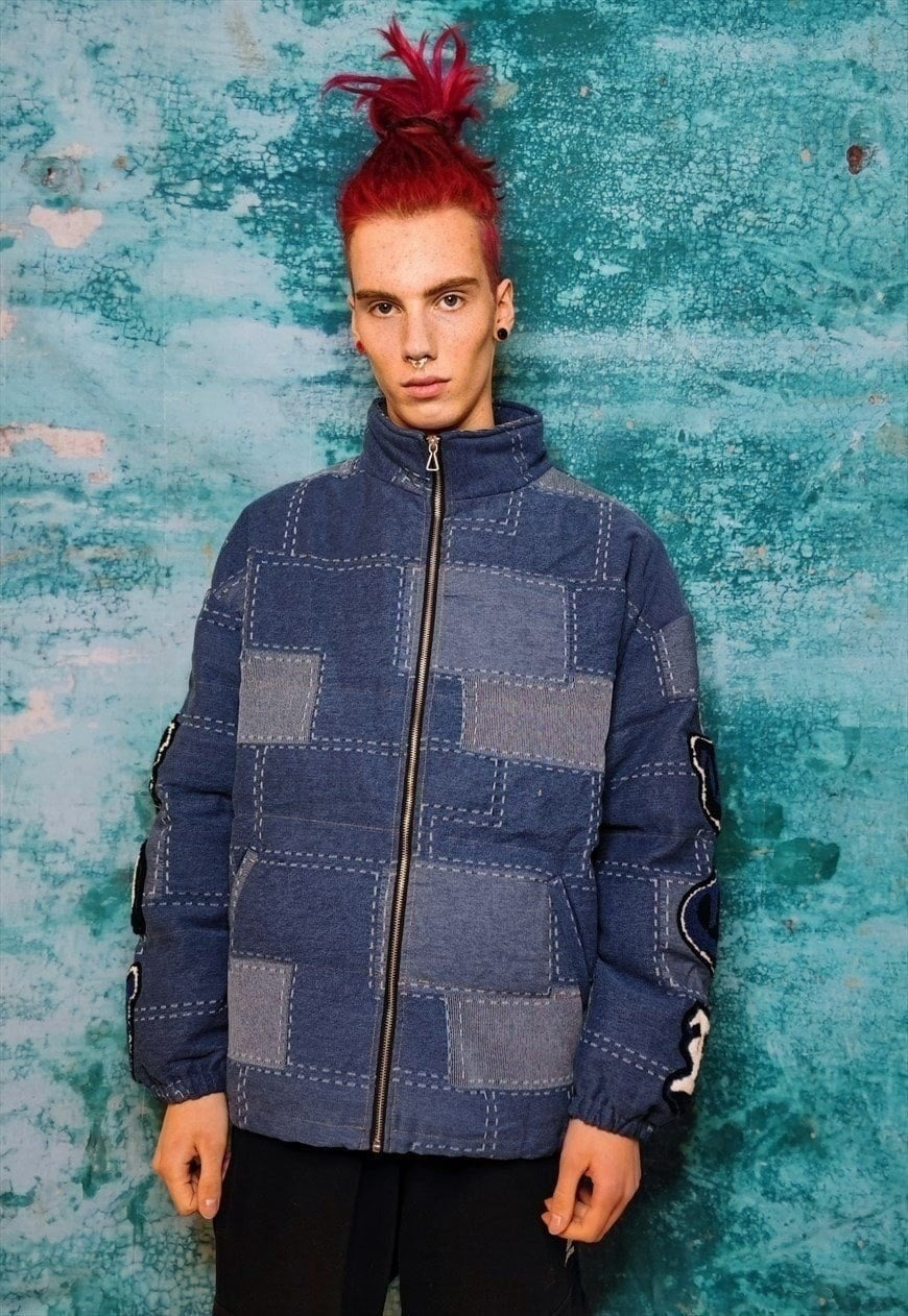 Reworked denim patch bomber jean puffer jacket in blue check