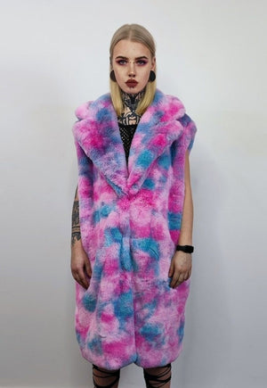 Tie-dye pink fleece gradient coat long fluffy hooded trench