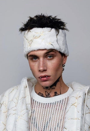 Fleece headband luxury fluffy head cover golden foil white