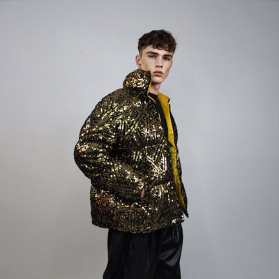 Golden sequin bomber glitter jacket sparkle puffer party varsity festival varsity fancy dress embellished coat going out top luminous yellow