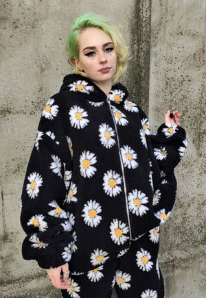 Daisy print fleece jacket hand made sunflower bomber black