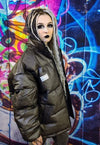 Transparent bomber see through padded puffer jacket in grey