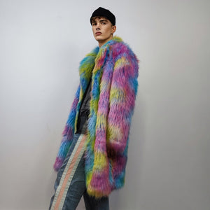 Rainbow Faux fur long coat unicorn trench neon raver bomber fluffy tie-dye fleece psychedelic festival jacket burning man going out coat