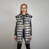 Shaggy faux fur jacket black white detachable hood striped collarless coat zebra bomber rave fleece festival pullover burning man overcoat